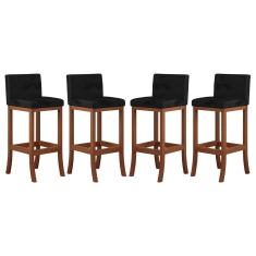 Imagem de Kit 4 Banquetas Média Encosto Estofado 38x90Cm Espanha Madeira Maciça Castanho Suede Preto CCS