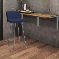 Imagem de Kit Mesa Suspensa de Parede Fixa MDF Caramelo + 1 Banqueta Lexi Ferro Prata Sintético Azul Marinho - Ahazzo Móveis