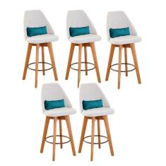 Imagem de Kit 05 Banquetas Alta Maya Giratória Com Encosto Linho Bege Claro e Almofada Corino Azul Turquesa - Aurora Line