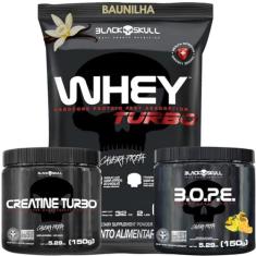 Imagem de Whey Protein Concentrado + Creatina Monohidratada 150g + Pré-Treino B.O.P.E 150g - Kit Black Skull Para Ganho de Massa e Força (Whey Turbo Baunilha - B.O.P.E Frutas Amarelas)