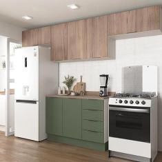 Imagem de Cozinha Modulada 4 Peças com Tampo 3 Aéreos e 1 Balcão para Pia Ipanema Cabecasa Madeiramadeira Acácia/verde Folha/branco