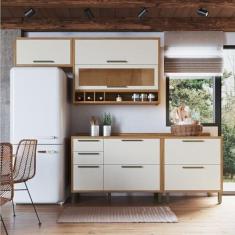 Imagem de Cozinha Compacta 200cm com 4 Peças 4 Prateleiras e Vidro Reflecta 100% Mdf Vicenza Espresso Móveis Amêndoa/Off White