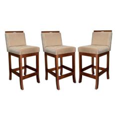 Imagem de Kit 3 Banquetas Média para Cozinha Turim Madeira Castanho Suede Bege CCS