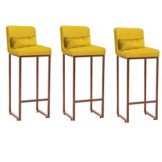 Imagem de Kit 03 Banqueta Alta com Encosto Lucca Industrial Cozinha Balcão Ferro Bronze Suede Amarelo e Almofada Amarelo - Ahazzo Móveis