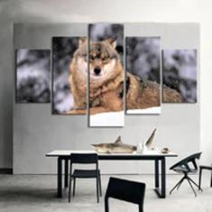Imagem de Quadro Decorativo Mosaico De Madeira 5 Peças Lobo Deitado