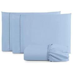Imagem de Jogo De Lençol Cama Box Casal 3 Peças Percal 400 Fios Toque Macio Azul