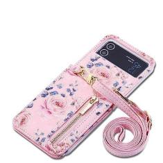 Imagem de Capa transversal para celular para Samsung Galaxy Z Flip 4 3 5G Flip4 Flip3 Retro Rose Slot para cartões Capa de couro com cordão, rosa, para Galaxy Z Flip4 5G