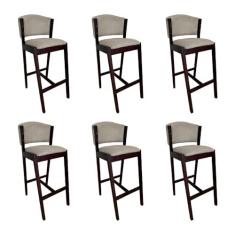 Imagem de Kit 6 Banquetas Alta De Madeira Maciça Castanho Premium Ana Com Encosto Linho Bege