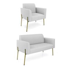 Imagem de Sofá Namoradeira e Poltrona Pé de Ferro Dourado Marisa Linho Cinza D03 - D`Rossi