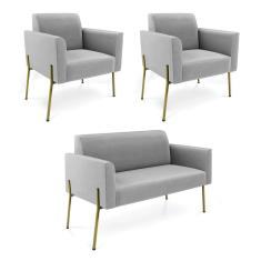 Imagem de Sofá Namoradeira e 2 Poltronas Pé de Ferro Dourado Marisa Suede Cinza D03 - D`Rossi