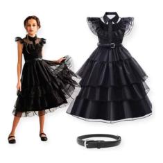 Imagem de Fantasia Wandinha Addams Halloween Infantil Temático Baile Luxo Gótico