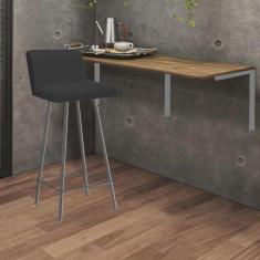 Imagem de Kit Mesa Suspensa de Parede Fixa mdf Carvalho + 1 Banqueta Lexi Ferro Cinza Suede Preto - Ahazzo Móveis
