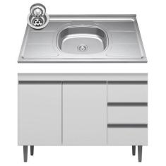 Imagem de Balcão De Cozinha Com Pia Inox 100cm 3 Gavetas Andréia Branco - Ajl Mó