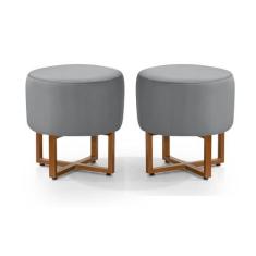 Imagem de 2 Banquetas Redonda Tecido Veludo Cinza Com Pes de Ferro Estilo Industrial Cobre