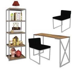 Imagem de Kit Escritório Bex 2 Cadeiras Corino Preto com 1 Mesa e 1 Livreiro Ferro Cinza MDF Caramelo - Ahazzo Móveis