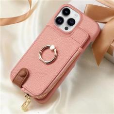 Imagem de Carteira de couro com zíper com suporte para cartão, capa de telefone para iphone 15 12 13 14 11 pro max xs xr x anel kickstand capa, rosa, para iphone 13 pro