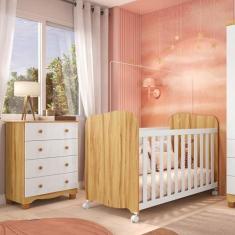 Imagem de Quarto de Bebê Cômoda 4 Gavetas e Berço com Rodizio Mimo 100% Mdf Espresso Móveis Branco Brilho/Amêndoa