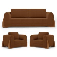 Imagem de Kit 02 Poltronas E 01 Sofá Bloom 200cm 03 Lugares Com Pés De Madeira Bouclê Terracota - Desk Design