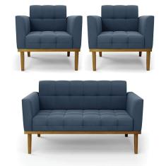 Imagem de Namoradeira Com 2 Poltronas Base De Madeira Castanho Elisa Suede D03 - D\`rossi Cor Azul Marinho