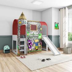 Imagem de Cama Infantil Joy com Escorregador Dossel Barraca Mine Hero 01 Torre e LED Branco Vermelho Pura Magia