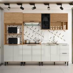 Imagem de Cozinha Modulada Toscana 5 Peças em Mdf com Aéreo 1200 Porta de Vidro e Torre Quente 2 Fornos Freijó/off White