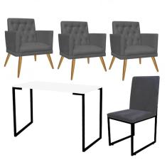 Imagem de Kit Escritório Stan 3 Poltronas Maria com Cadeira e Mesa Industrial Branco Preto Tecido Sintético Cinza - Ahz Móveis