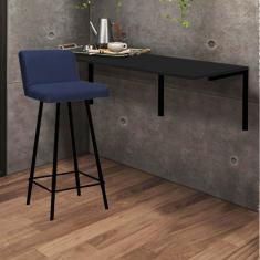 Imagem de Kit Mesa Suspensa de Parede Fixa mdf Preto + 1 Banqueta Lexi Ferro Preto Suede Azul Marinho - Ahazzo Móveis