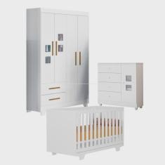 Imagem de Quarto de Bebê com Berço Mini Cama, Cômoda 1 Porta 4 Gavetas e Roupeiro 4 Portas 2 Gavetas Fly