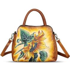Imagem de Bolsa feminina de couro genuíno pintada à mão com alça superior, bolsa tiracolo feita à mão, Padrão 7, Medium