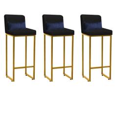 Imagem de Kit 03 Banqueta Alta com Encosto Lucca Industrial Cozinha Balcão Ferro Dourado Suede Preto e Almofada Azul Marinho - Ahazzo Móveis