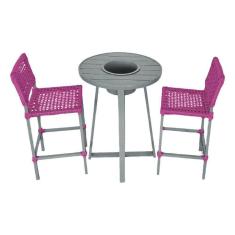 Imagem de Conjunto Bistrô Champanheira Cinza Tampo Ripado E 2 Banquetas França Corda Náutica Rosa - Cor: Rosa
