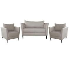 Imagem de Conjunto Sofá 2 Lugares com 2 Poltronas Pés Palito Lubbock Couro Off White - Gran Belo