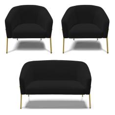 Imagem de Sofá Namoradeira E 2 Poltronas Pé De Ferro Dourado Stella Linho Preto A79 D03 - D'rossi