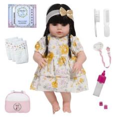 Imagem de Boneca Reborn Bebê Morena Pode Banho Com Bolsa 20 Acessórios - Cegonha