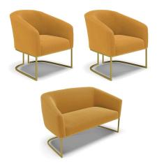 Imagem de Sofá Namoradeira e 2 Poltronas Base Industrial Dourado Stella Bouclê D03 - D`Rossi