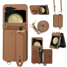 Imagem de Capa de telefone com cordão crossbody para Samsung Galaxy Z Flip 5 4 3 Flip5 Flip4 Flip3 5G suporte para cartão alça de ombro capa de couro, marrom, para Galaxy Z Flip4
