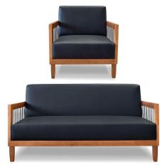 Imagem de Kit Poltrona E Sofá Living 2 Lugares Marilia 1,60m Corano Preto Base Em Madeira Castanho - Pallazio