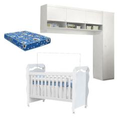 Imagem de Berço Americano New Nanda Guarda Roupa Eloisa 1 Porta Com Módulo Aéreo Branco Brilho E Colchão Ortobom