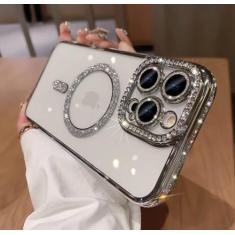 Imagem de TETAW Linda capa com glitter magnético para iPhone 15 Pro, capa amortecedora luxuosa banhada a diamante com strass brilhante, compatível com MagSafe, capa transparente com proteção de lente de câmera