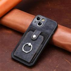 Imagem de Capa de telefone com compartimento para cartão carteira para iPhone 15 14 13 12 11 Pro XR X XS Max Plus Suporte de anel de dedo magnético Capa de couro, preta, para iPhone 14 Plus