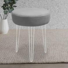Imagem de Banqueta Puff Jullia Luxo 55cm Industrial Ferro Branco Suede Cinza - Ahazzo Móveis