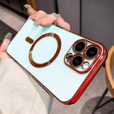 Imagem de Moda chapeamento magnético para capa de carregador sem fio para iphone 14 13 12 11 pro xs max x xr 7 8 plus capa transparente de silicone, vermelho, para iphone 14 pro