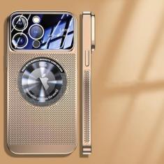 Imagem de Capa magnética de dissipação de calor para iPhone 13 11 12 14 15 Pro Max lente de vidro de malha galvanizada ampliar logotipo capa de telefone, dourada, para iphone 14 Pro
