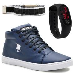 Imagem de Kit Com Tênis Cano Médio Polo Plus + Relógio Digital E Um Cinto, Azul,