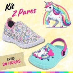 Imagem de Kit 2 Pares Babuche Tênis Calce Fácil Infantil Menina Unicórnio Confor
