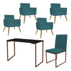 Imagem de Kit Escritório Stan 4 Poltronas Capitonê com Cadeira e Mesa Industrial Preto Bronze Suede Azul Turquesa - Ahz Móveis