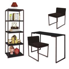 Imagem de Kit Escritório Ravi 2 Cadeiras Suede Marrom com 1 Mesa e 1 Livreiro Ferro Marrom MDF Preto - Ahazzo Móveis