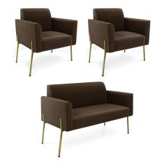 Imagem de Sofá Namoradeira e 2 Poltronas Pé de Ferro Dourado Marisa Suede Marrom D03 - D`Rossi