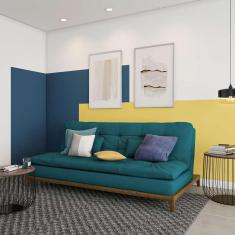 Imagem de Sofá-Cama 3 Lugares Casal Superior Base e Pés de Madeira Suede Azul