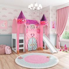 Imagem de Cama Infantil Joy com Escorregador Dossel Barraca Castelo e 02 Torres Branco Rosa Pura Magia